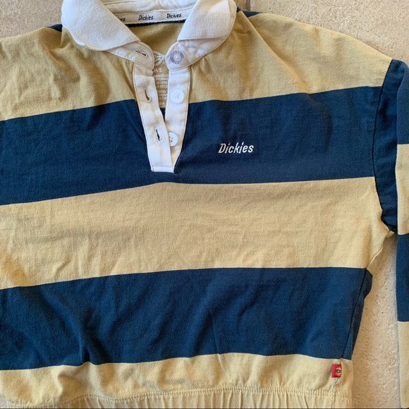 Dickies Cinch Collared Polo Tee Crop Top Yellow Blue Elastic Bottom 100% Cotton - Picture 12 of 12